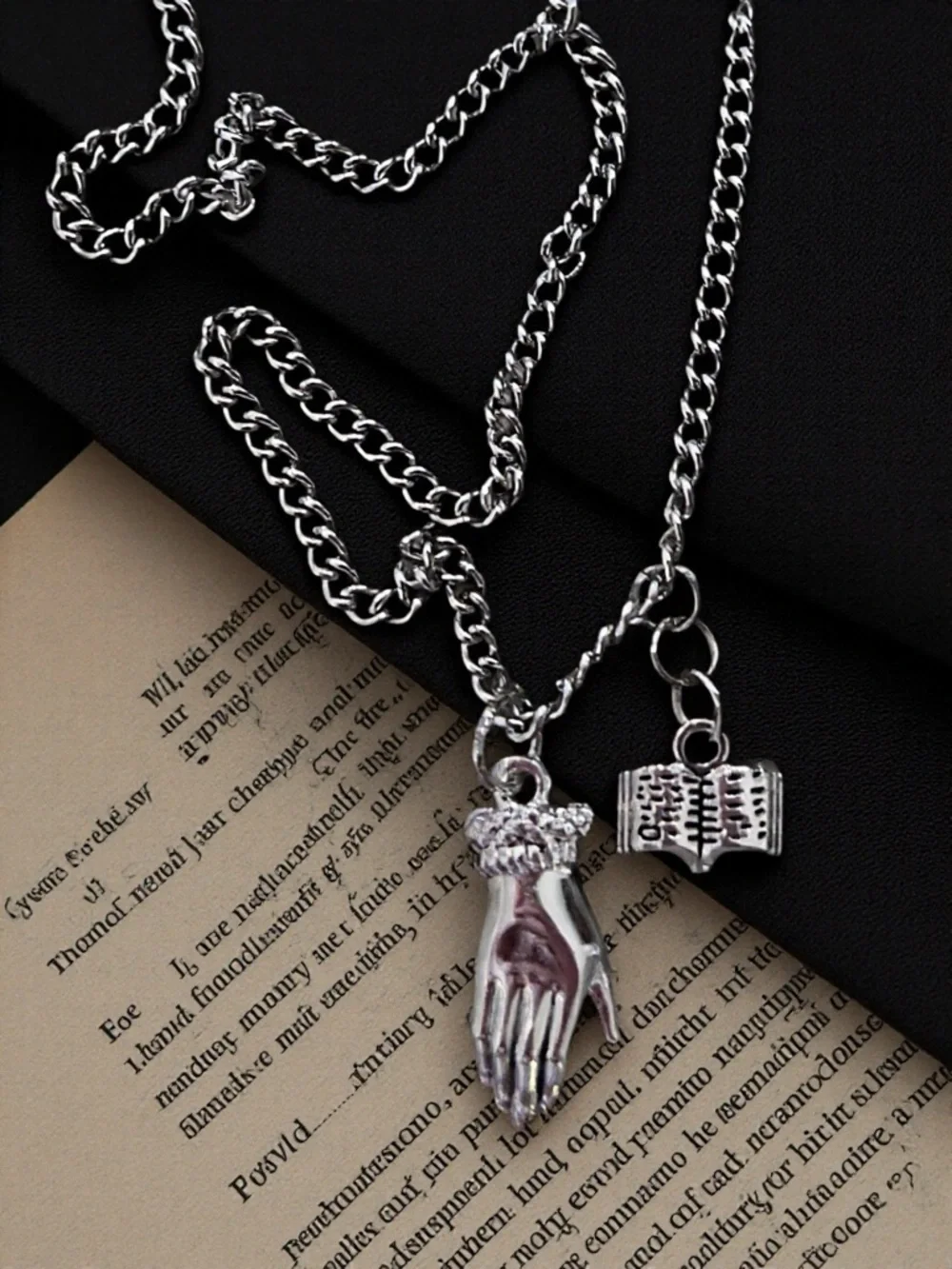 DND Wizard Silver Toned Hand Charm Necklace with Book